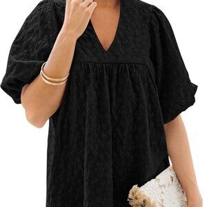 Womens Summer Tops 2025 Ruffle V Neck Blouses Loose Puff Short Sleeve Jacquard B